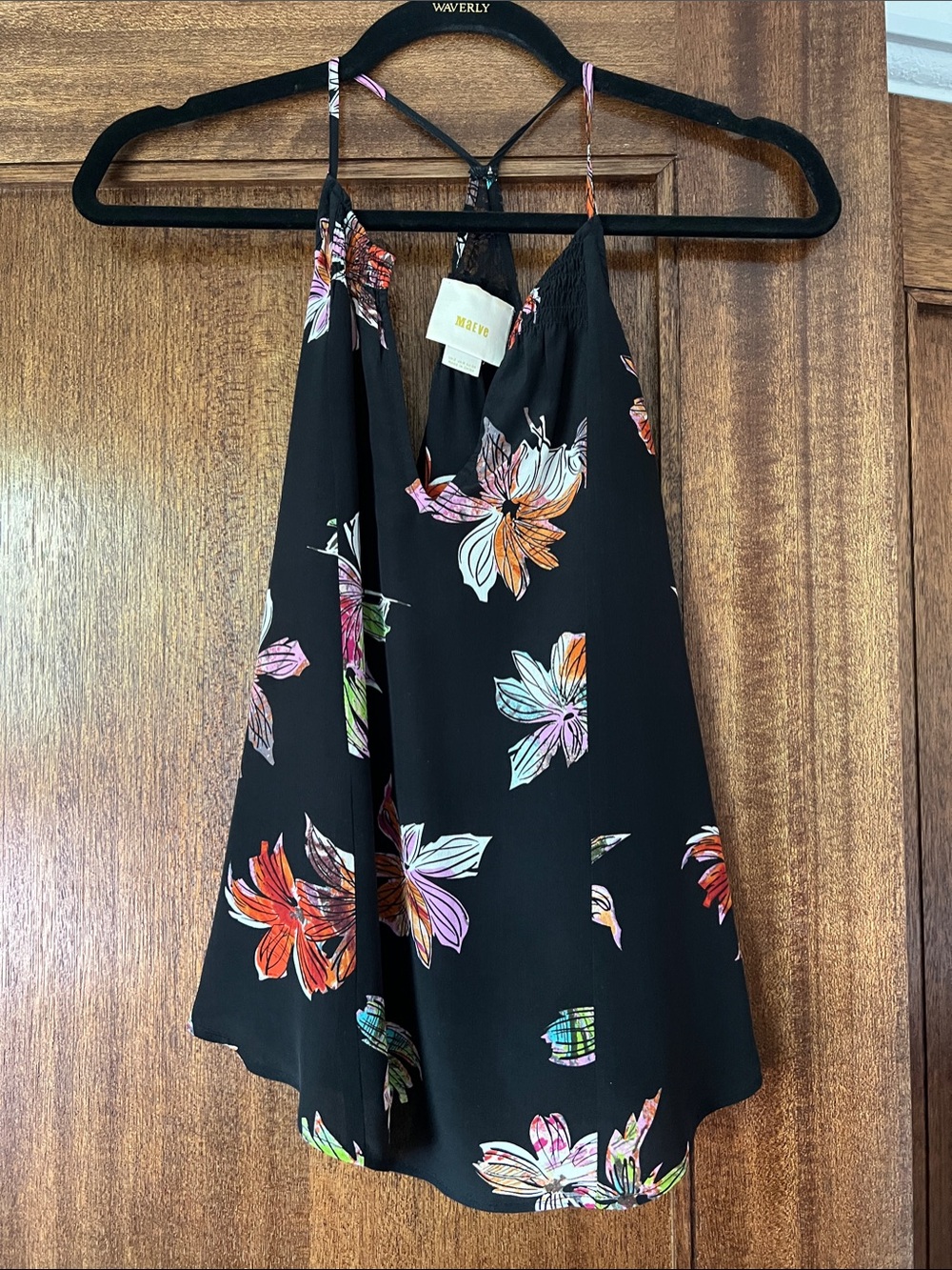 Maeve Anthropologie Black Floral Cami with Multicolor Blooms